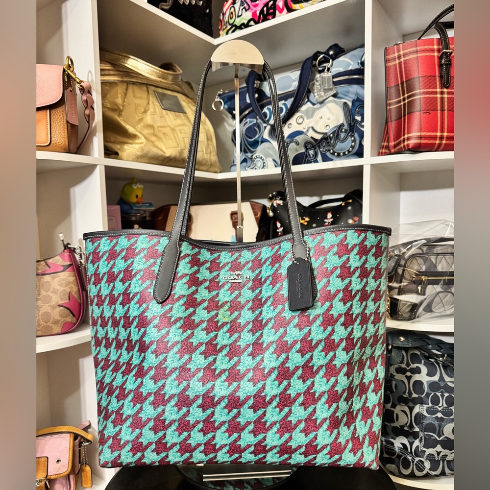 Coach Teal and Burgundy Houndstooth City Tote Bag